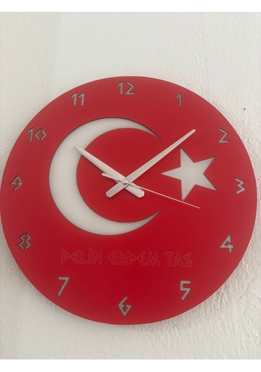 Kişiye Özel İsim Yazılı Ay Yıldız Türk Bayrağı Duvar Saati Epoksi Dolgulu 40 Cm Kırmızı - Beyaz