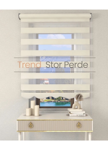 Krem Etek Dilimli Zebra Stor Güneşlik Perde Kırık Krem