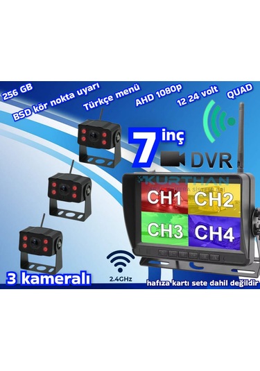 3 Adet Kablosuz Kamera Ahd 1080p 7 İnç Dvr Monitör Bsd Kör Nokta Sistemli 12 24 V