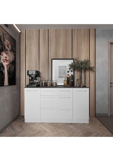 Hula Mutfak 2 Kapaklı-3 Çekmeceli Alt Modül -200 Cm - Çok Amaçlı Dolap -beyaz-tezgah Dahil Beyaz