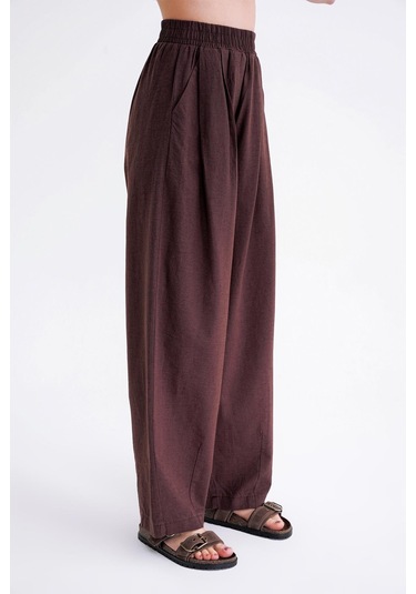 4682 Kadın Beli Lastikli Jogger Bol Keten Pantolon Kahve Kahve