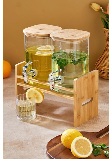 Cooker 2,5+2,5 Litre Bambu Kapaklı İkili Borosilikat Cam Sebil Seti Ckr3841