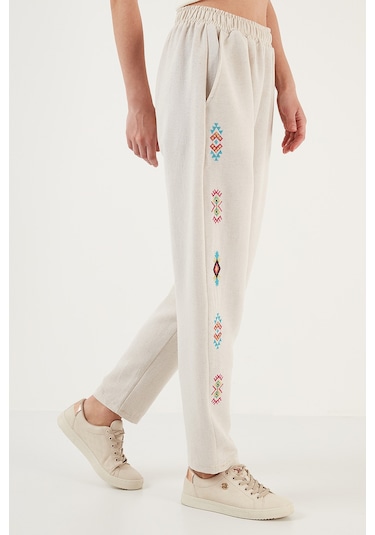 Lela Bohem Işlemeli Keten Ve Pamuk Karışımlı Şalvar Bayan Pantolon 5865050 Bej