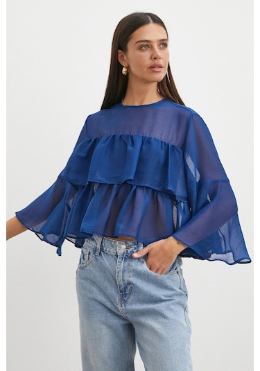 Uterpe Lacivert Fırfırlı Tül Bluz