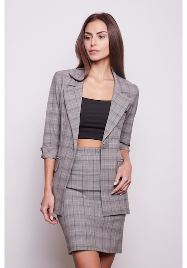 Ekose Desenli Yüksek Bel Diz Üstü Likralı Pamuklu Kumaş Kalem Ete (533384466)