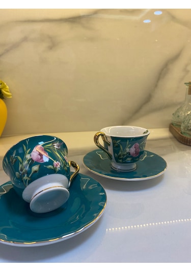Vanilla New Bone China Kahve Fincanı 2 Kişilik Koyu Yeşil