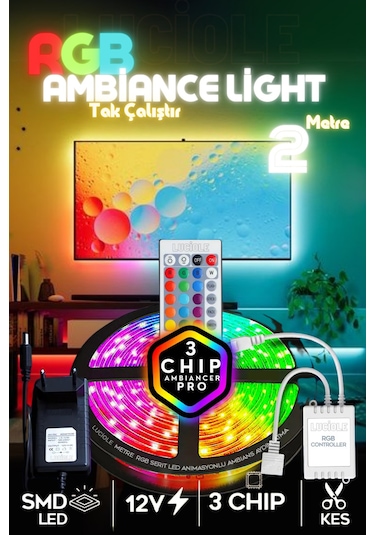 Tv Arkası Çocuk Yatak Odası Mutfak Salon Rgb Şerit Led Uzaktan Kumandalı Tak Çalıştır 2 Metre