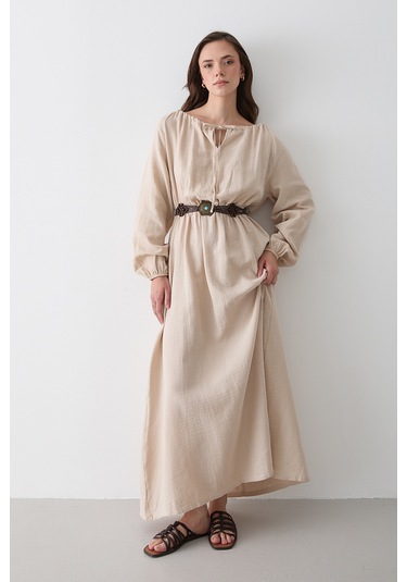 Natural Bağlama Detaylı Müslin Elbise - 2004 Natural