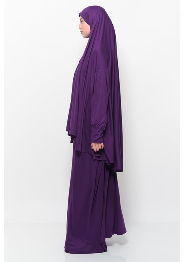 Pratik 2 Parça Pamuklu Yarasa Kollu Başörtülü Tesettür Namaz Elbisesi Mürdüm Antrasit