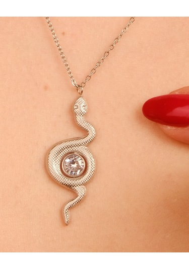Gümüş Renkli Zirkon Taşlı Yılan Kararmaz Çelik Takı Kadın Kolye