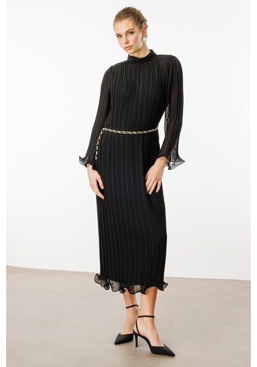 Moda İlgi Kadın Etek Ve Kol Ucu Volanlı Pliseli Zincir Kemerli Midi Boy Elbise 0060 Siyah Siyah