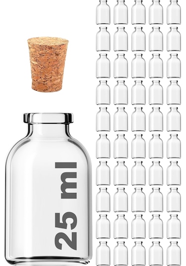 Afracam Şeffaf 25 ML 25 CC Mantar Tıpalı Cam Şişe 50 Adet