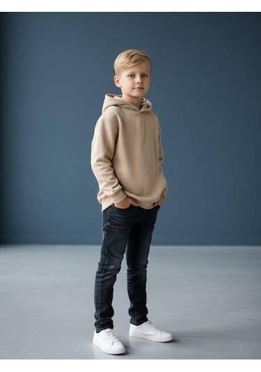 Zekids Erkek Çocuk Kapüşonlu Batik Desenli Sweatshirt-16394 Bej