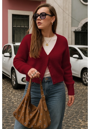 Bordo V Yaka Kadın Triko Hırka Mg2462 Bordo