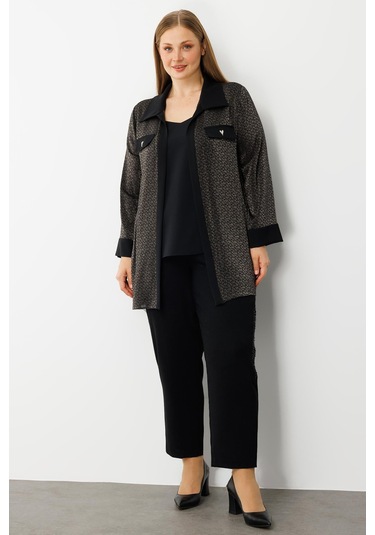 Moda İlgi Kadın Büyük Beden Cep Kapaklı Desenli İkili Takım 0303 Siyah Siyah