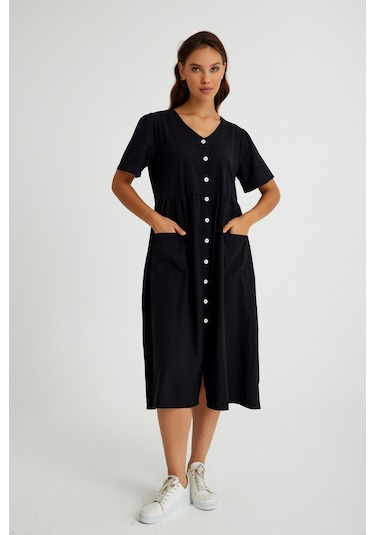 Barbora Keten Günlük Rahat V Yaka Beli Büzgü Detaylı Düğmeli Elbise Ln04siyah4 001