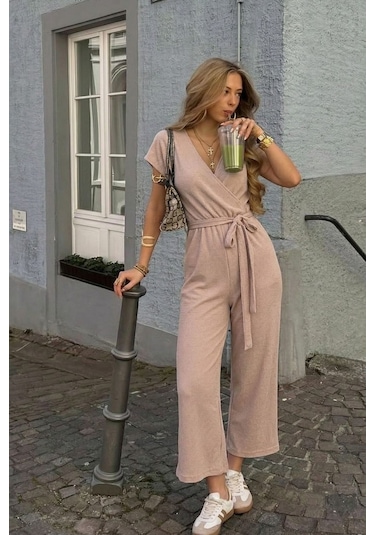 Armonika Kadın Bej Kruvaze Beli Kemerli Tulum Arm-20y042008
