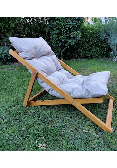 Gri Minderli Ahşap Kademeli Şezlong Bahçe&balkon&teras&plaj Katlanır Şezlong