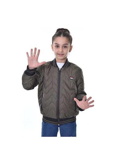 Kız Çocuk Kolej Yaka Astarlı Su Ve Rüzgar Geçirmez Fermuarlı Mont Ceket Haki