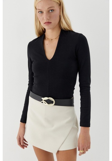 V Yaka Uzun Kollu Body Siyah Siyah