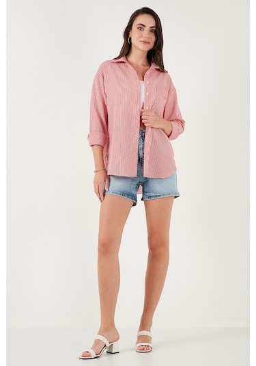 Lela Regular Fit Uzun Kollu Cepli Çizgili Bayan Gömlek 6772895 Kırmızı