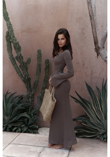 Ortensia Metal Detay Kahve Uzun Triko Elbise Kahve