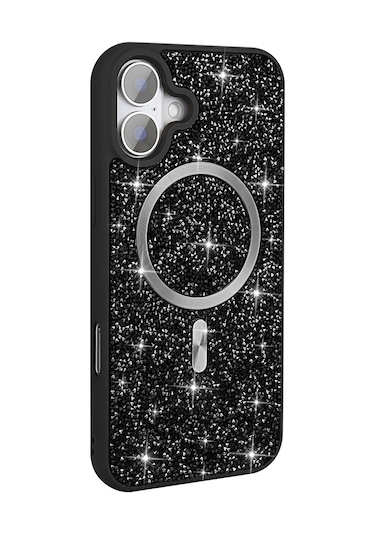 Mobilteam İphone Uyumlu 16 Pro Kılıf Pırlanta Tasarımlı Magsafe Şarj Özellikli Mozaik Silikon Gri