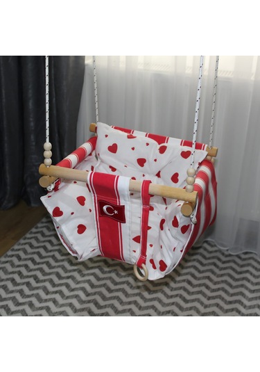 Ahşap Bebek Salıncağı Minder Yastık Ve Diş Halkalı Ay Yıldız Salıncak Kırmızı - Beyaz