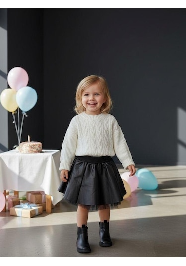 Zekids Kız Bebek Deri Kloş Etek-16546 Siyah
