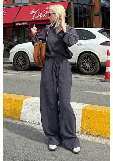 Madmext Füme Basic Kadın Gömlek Pantolon İkili Takım Mg2352 Füme