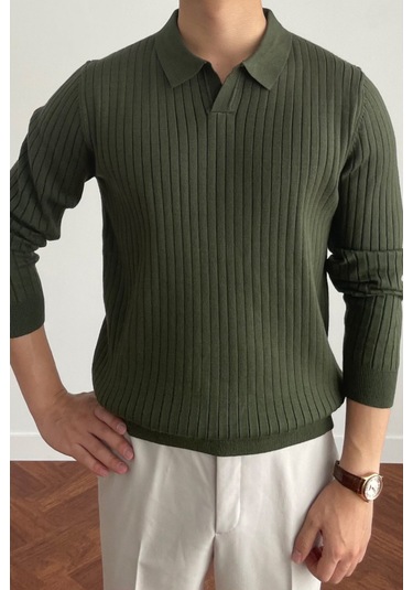 Cool Tarz Erkek Polo Yaka Triko Kazak Slim Fit Fitilli Haki