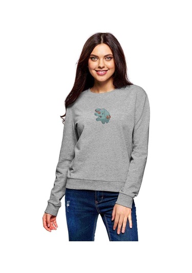 Pokemon'Dan Şımarık Phanpy Pokemon Baskılı Gri Kadın Sweatshirt