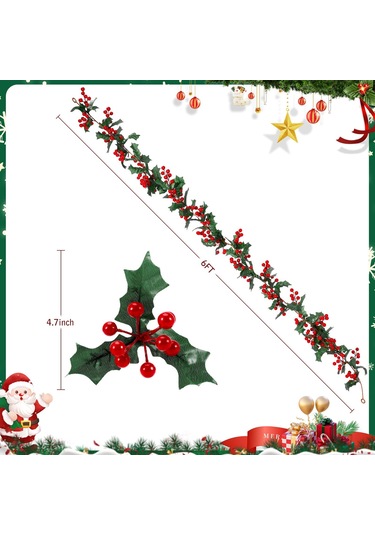 Gajeena Noel Dekoru İçin Yapay Kırmızı Yaban Mersini Ziebağı, 1.8 Metre Uzunlukta, Dekoratif Lifelike Noel Süsü