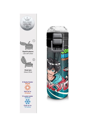 Coral High 500 Ml Gri Nefti Anime Motorsiklet Desenli - Erkek Çocuk Paslanmaz Çelik Okul Termosu/suluk/matara Çok Renkli
