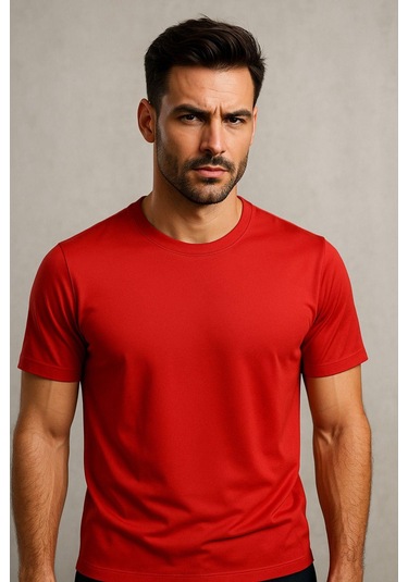 Erkek %100 Pamuk Slim Fit Sporcu Tişört Basic Bisiklet Yaka Kısa Kollu T-shirt Kirmizi