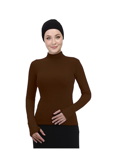 Hafif Balıkçı Yakalı Parmak Geçmeli Likralı Organik Kadın Body Çikolata