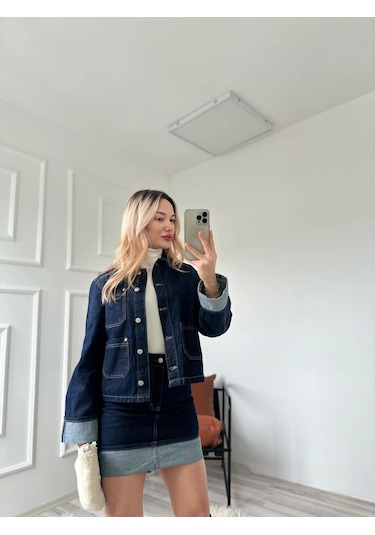 Keymoda Kadın Denim Etek Ceket Takım Mavi Mavi