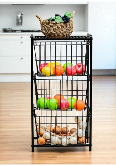 Dekoratif Siyah Metal Sebzelik 3 Raflı Tel Sepetli Çok Amaçlı Stand Siyah
