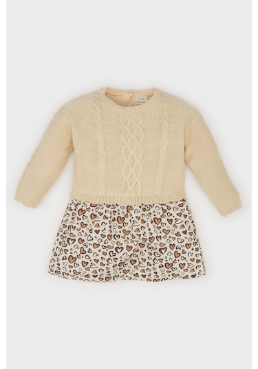DeFacto Kız Bebek Uzun Kollu Eteği Desenli Elbise E7254A524AUBG287 Bej