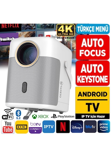 Vankyo H300A AndroidTV 4K Destekli AutoFocus+AutoKeystone 6G Wi-Fi+5.2BT Beyaz Projeksiyon Cihazı