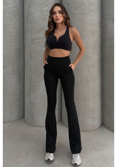 Lesa Wear Yüksek Bel Toparlayıcı Ve Sıkılaştırıcı Likralı Çift Cepli Ispanyol Paça Tayt Bootcut Siyah