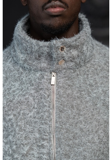 Oversize Crop Model Yan Cepli Astarlı Kırçıllı Mont Gri