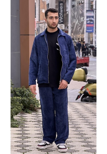 Rocqerx X-3002 Fermurlı Astarlı Ceket Bel Lastikli Pantolon Fitilli Kadife Takım Lacivert