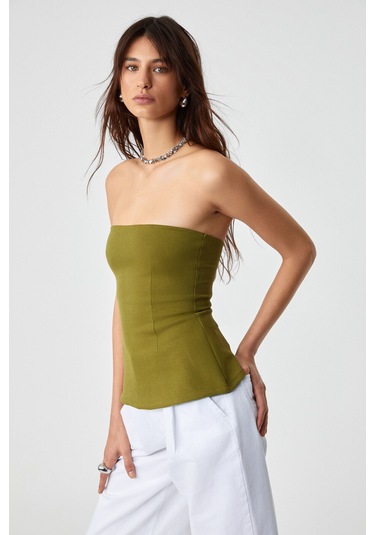 ORIANA Kadın Slim Fit Straplez Yeşil Bluz