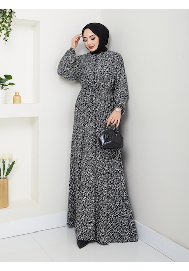 Düğme Detaylı Çiçekli Viskon Elbise - Siyah / E0123 Siyah