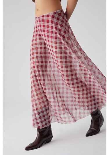 GRIMELANGE Julıano Kadın Yüksek Bel Çizgili Oversize Kırmızı Etek Kırmızı