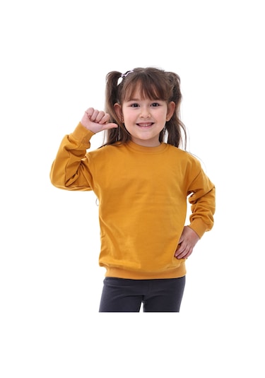 Basic Bisiklet Yaka Şardonlu Çocuk Sweatshirt 3-10 Yaş Krem Hardal