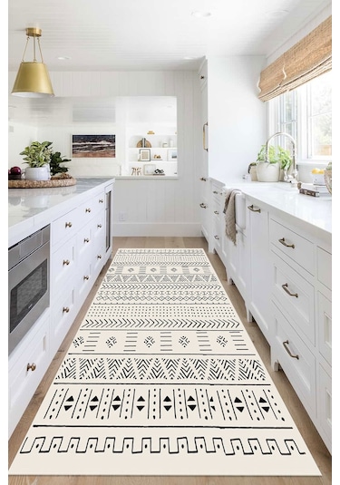 Decomia Home Dijital Kaymaz Yıkanabilir Kırık Beyaz İskandinav Mutfak Halısı Salon Halısı Balkon Halısı Yolluk DC-5075