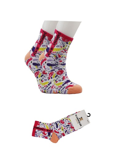 Kadın Çok Renkli Desenli Pamuklu Yarım Konç Çorap 3'lü Paket Çok Renkli