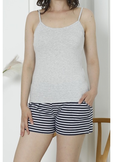 Kadın Şortlu Pijama Takımı İp Askılı Cepli Pamuklu Likrali Gri 60206 R09 Gri